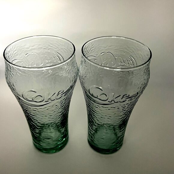 Vintage Set of 2 Coca-Cola Glass Pebbled Dimpled Textured Green 6” Tall See Pics - Picture 3 of 7